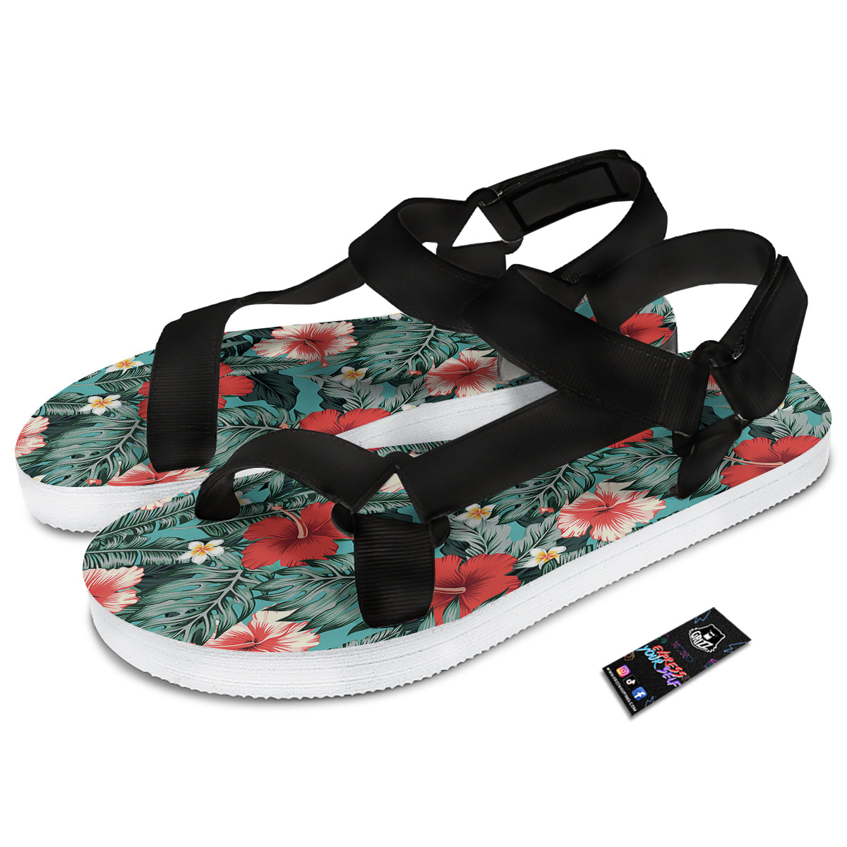 Tropical Leaf Turquoise Print Pattern Black Open Toe Sandals-grizzshop