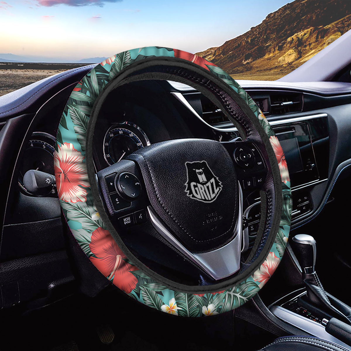 Tropical Leaf Turquoise Print Pattern Car Steering Wheel Cover-grizzshop