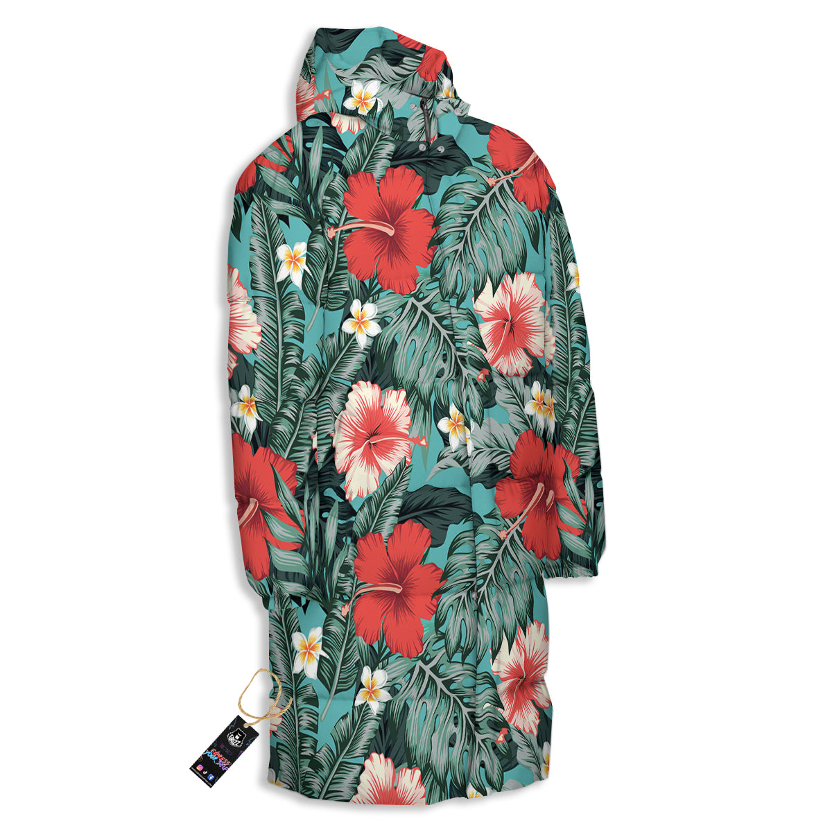 Tropical Leaf Turquoise Print Pattern Long Down Jacket-grizzshop