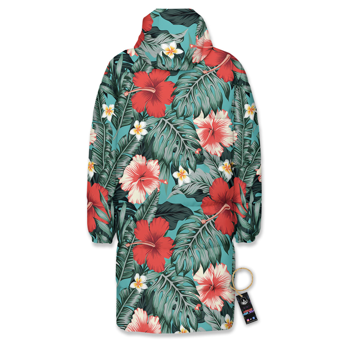 Tropical Leaf Turquoise Print Pattern Long Down Jacket-grizzshop