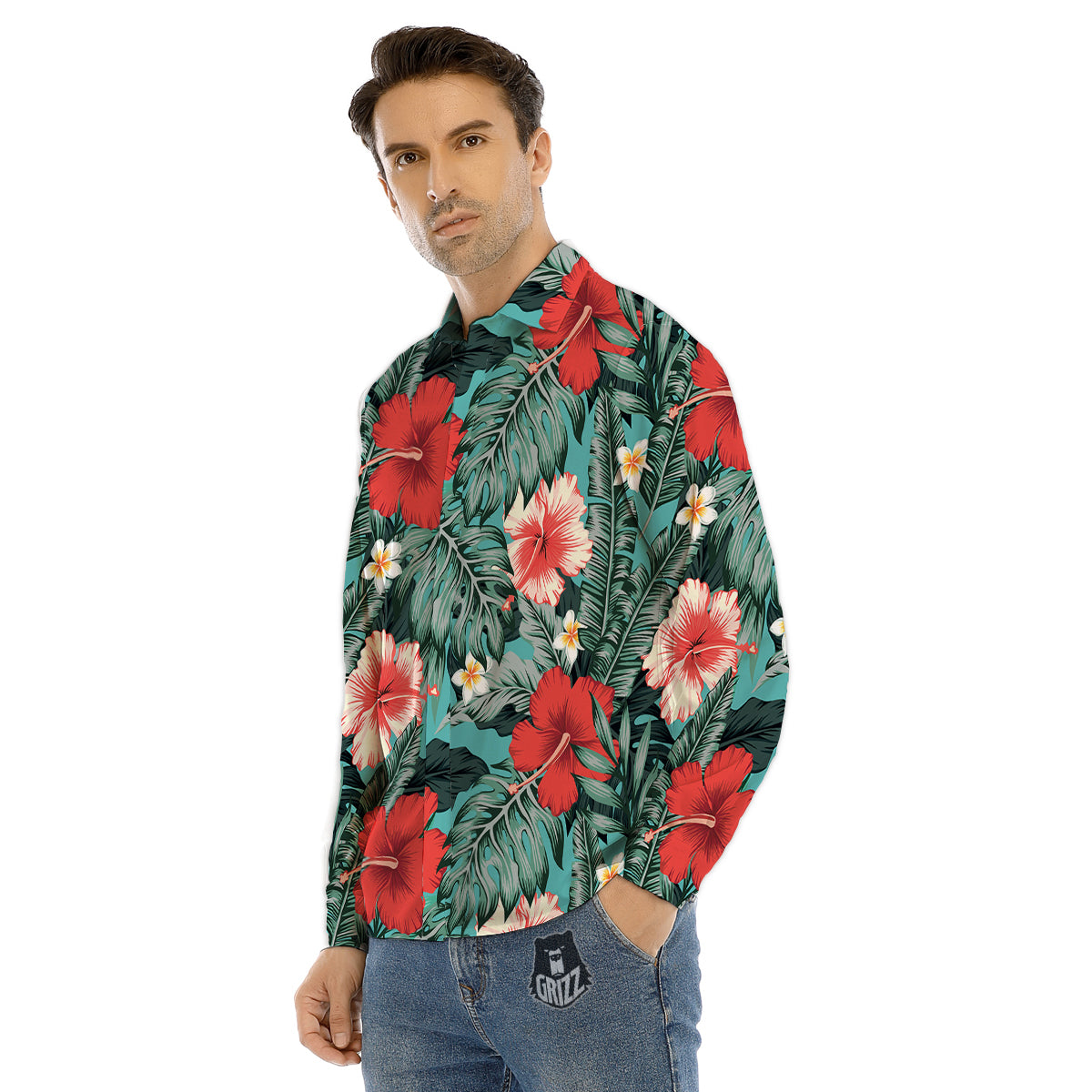 Tropical Leaf Turquoise Print Pattern Men's Dress Shirts-grizzshop