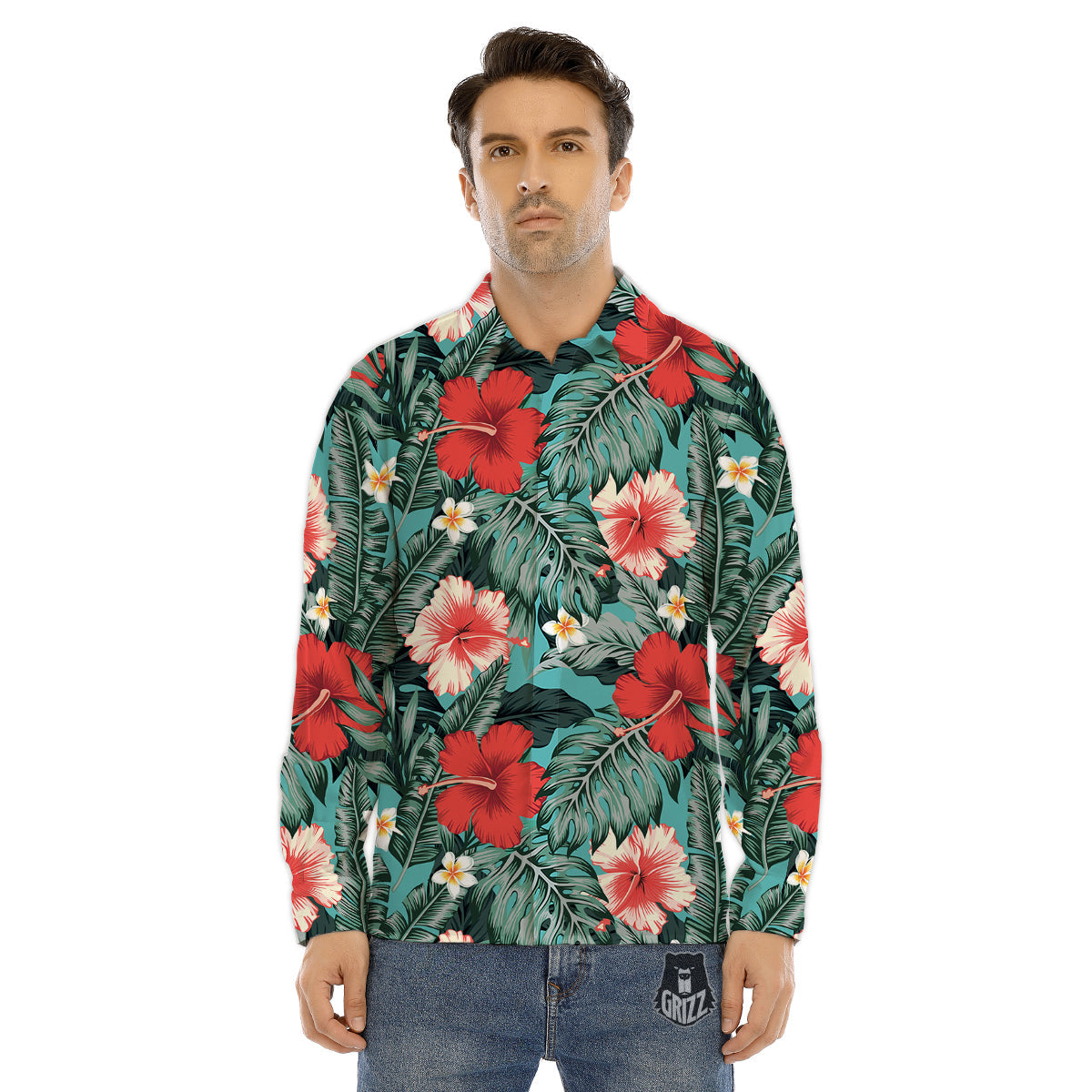 Tropical Leaf Turquoise Print Pattern Men's Dress Shirts-grizzshop