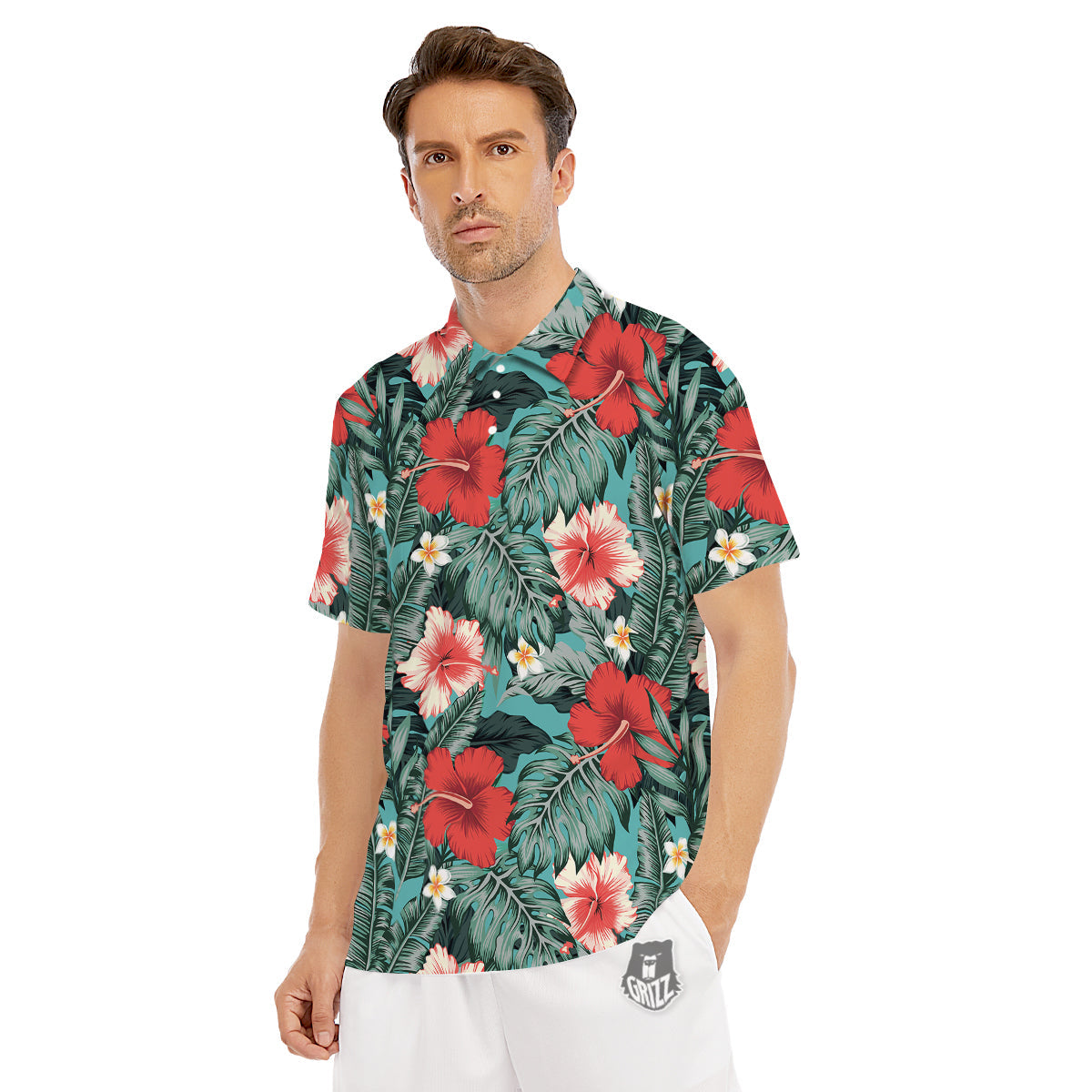 Tropical Leaf Turquoise Print Pattern Men's Golf Shirts-grizzshop