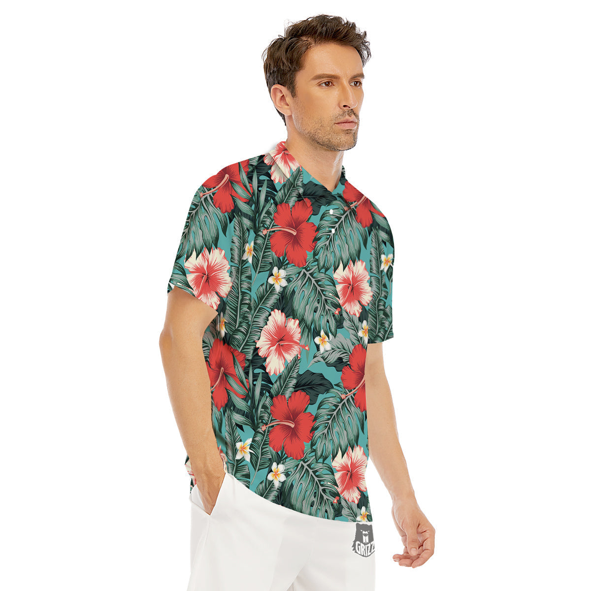 Tropical Leaf Turquoise Print Pattern Men's Golf Shirts-grizzshop