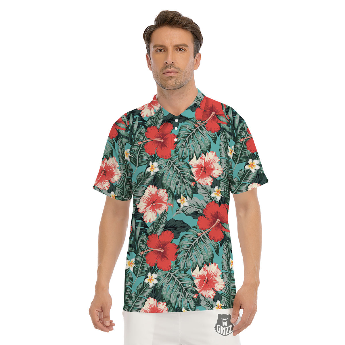 Tropical Leaf Turquoise Print Pattern Men's Golf Shirts-grizzshop