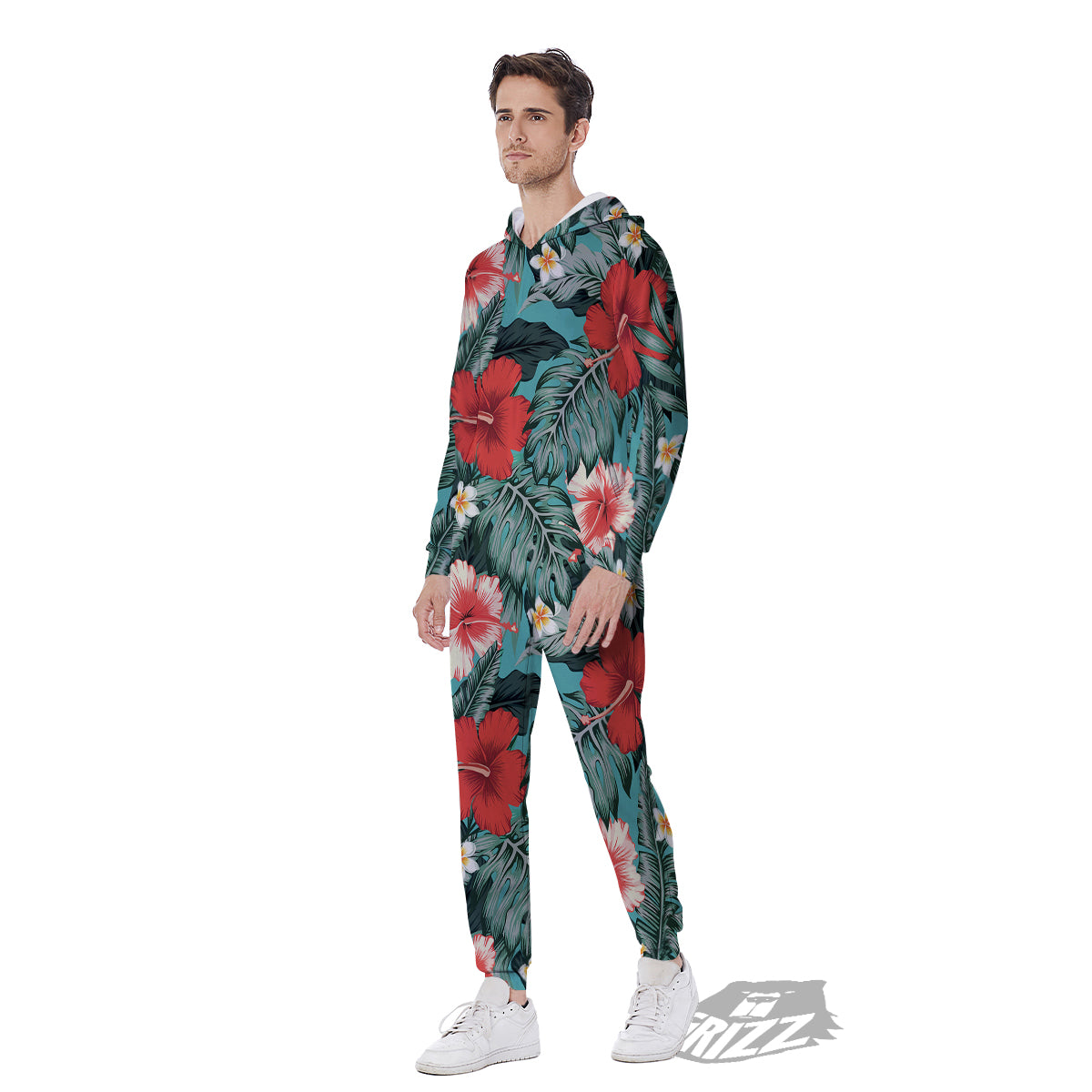 Tropical Leaf Turquoise Print Pattern Men's Jumpsuit-grizzshop
