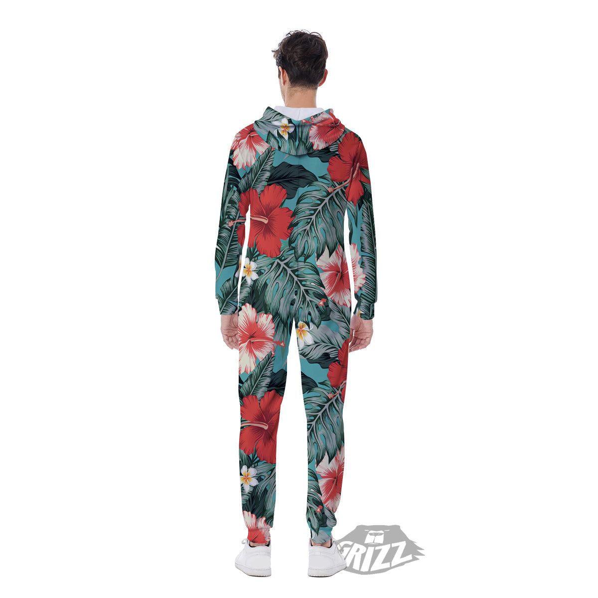 Tropical Leaf Turquoise Print Pattern Men's Jumpsuit-grizzshop
