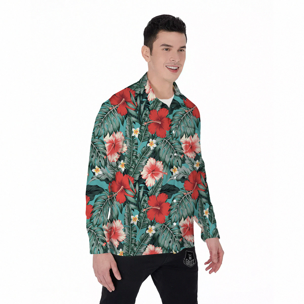 Tropical Leaf Turquoise Print Pattern Men's Long Sleeve Shirts-grizzshop