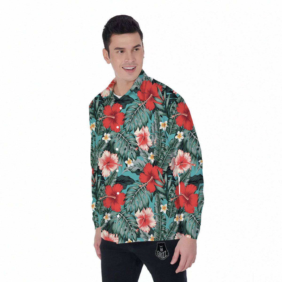 Tropical Leaf Turquoise Print Pattern Men's Long Sleeve Shirts-grizzshop