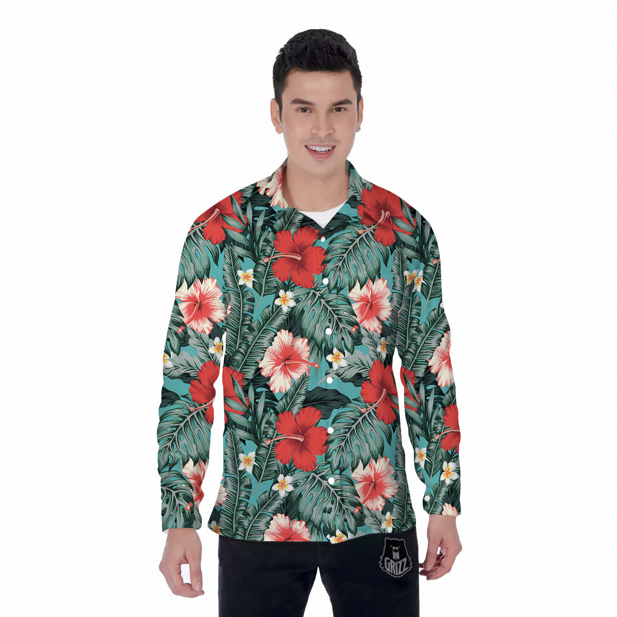 Tropical Leaf Turquoise Print Pattern Men's Long Sleeve Shirts-grizzshop