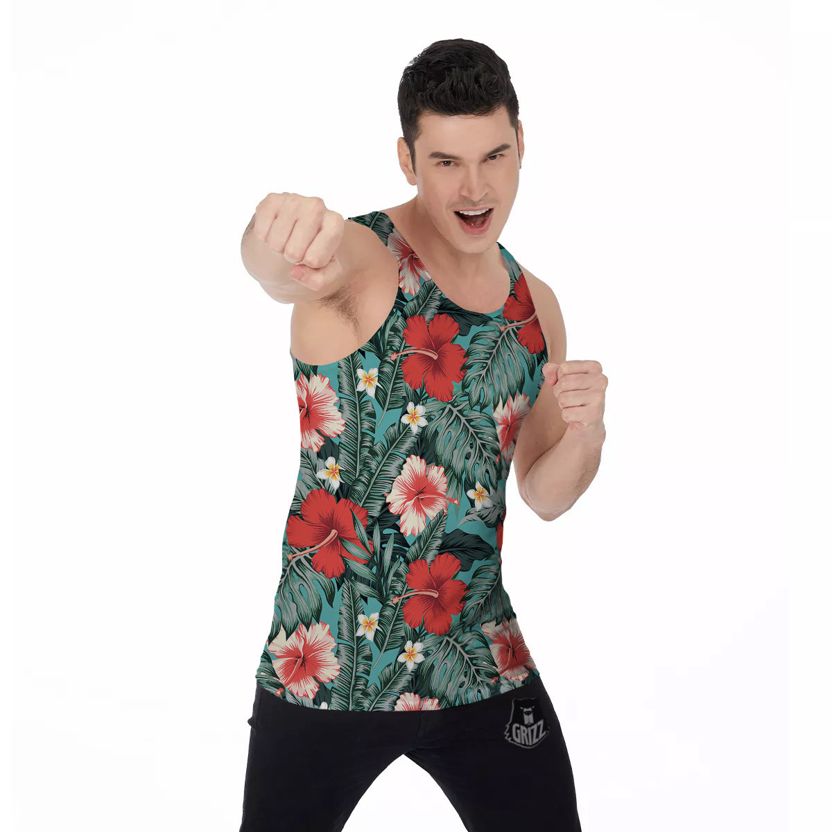 Tropical Leaf Turquoise Print Pattern Men's Tank Top-grizzshop