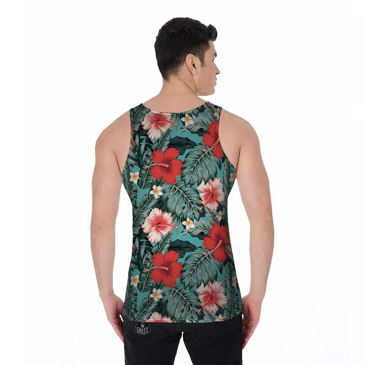 Tropical Leaf Turquoise Print Pattern Men's Tank Top-grizzshop