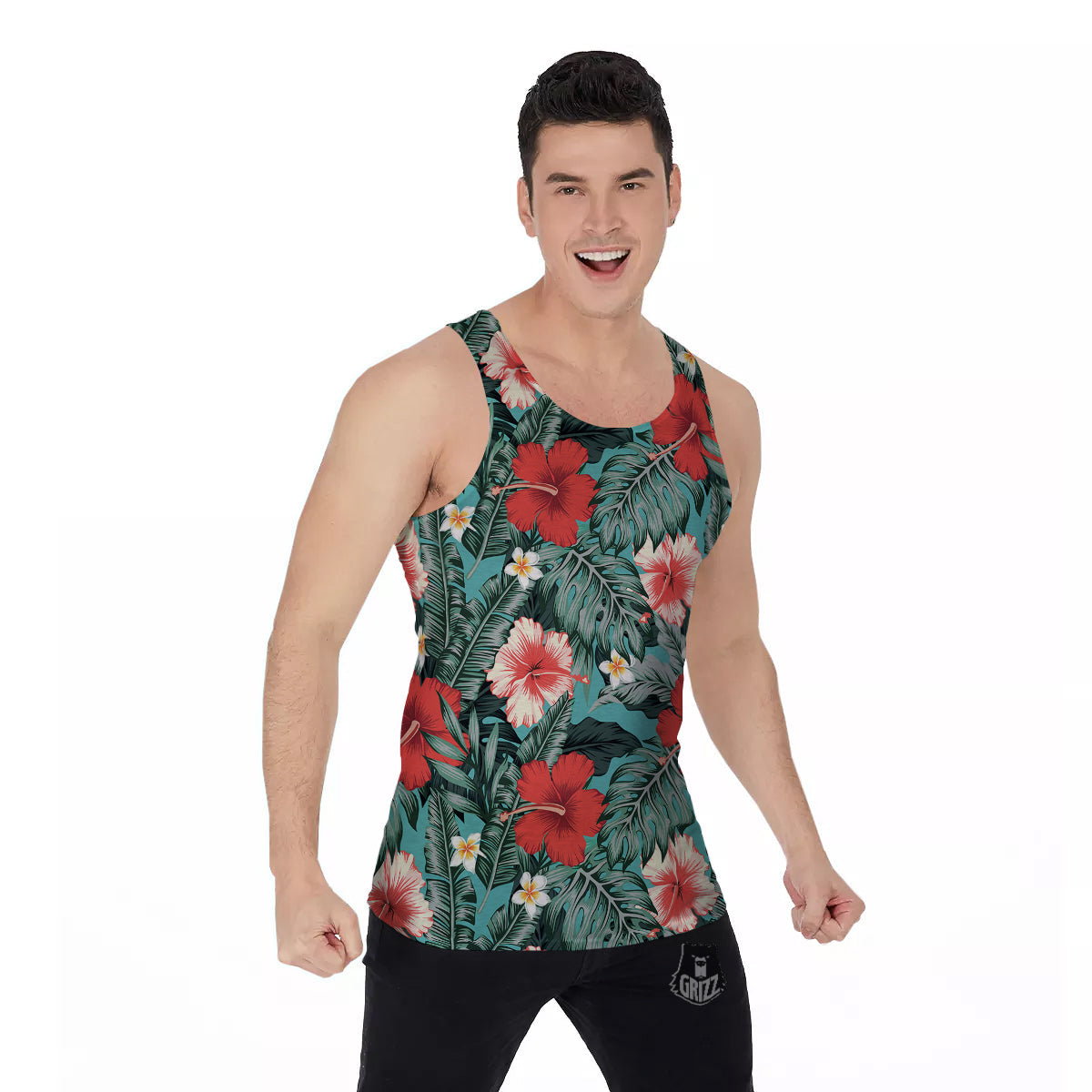 Tropical Leaf Turquoise Print Pattern Men's Tank Top-grizzshop