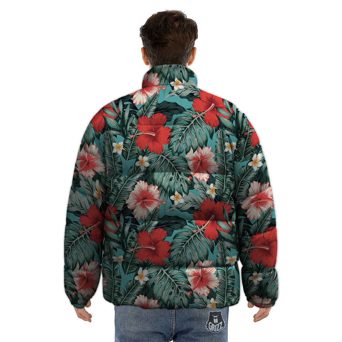 Tropical Leaf Turquoise Print Pattern Puffer Jacket-grizzshop