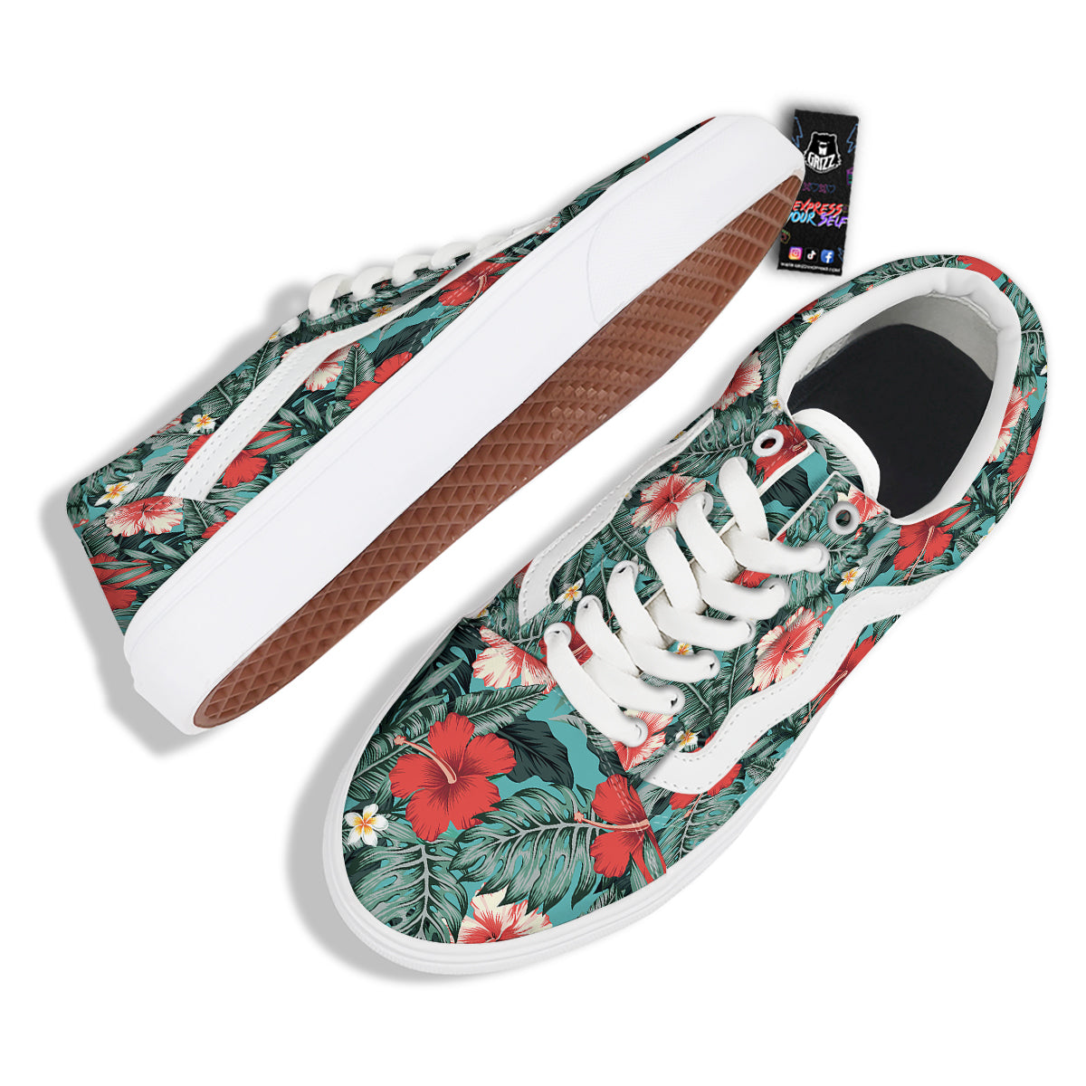 Tropical Leaf Turquoise Print Pattern Skate Shoes-grizzshop