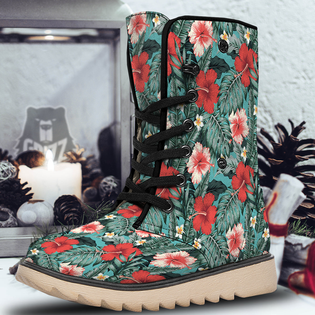 Tropical Leaf Turquoise Print Pattern Snow Boots-grizzshop