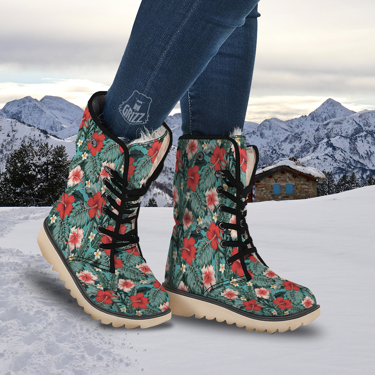 Tropical Leaf Turquoise Print Pattern Snow Boots-grizzshop