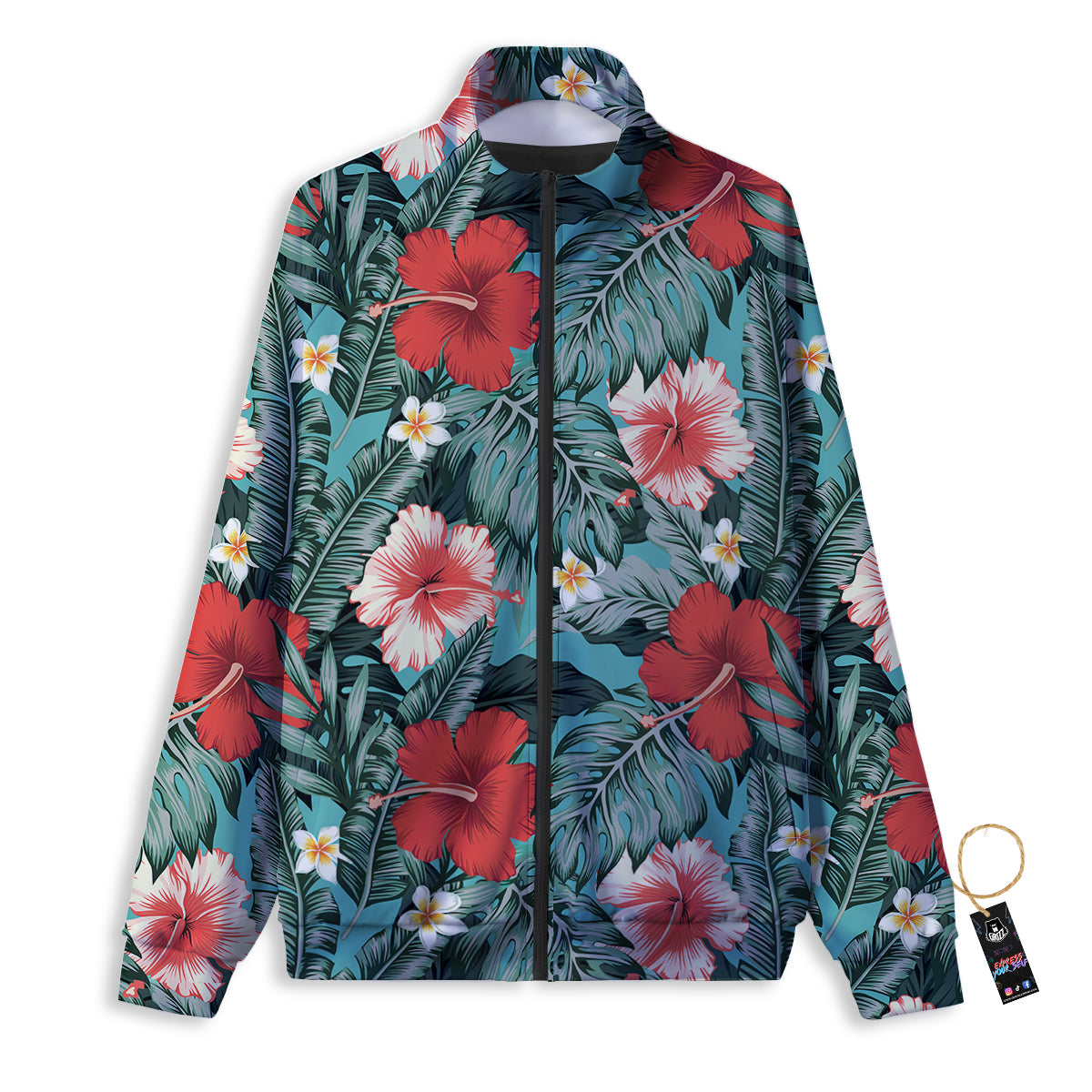 Tropical Leaf Turquoise Print Pattern Track Jacket-grizzshop