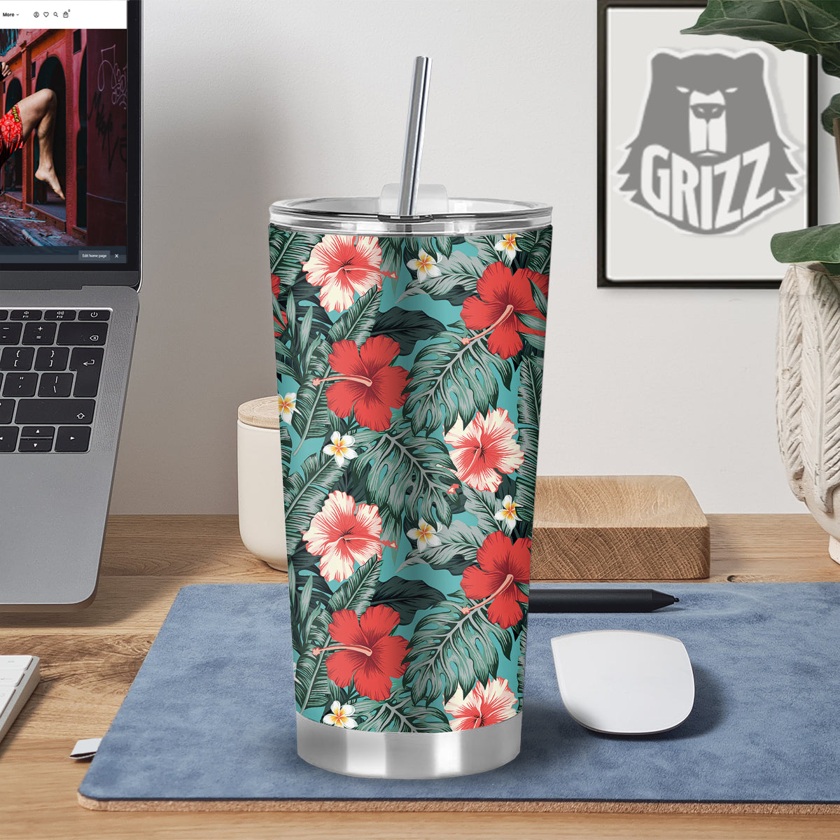 Tropical Leaf Turquoise Print Pattern Tumbler-grizzshop