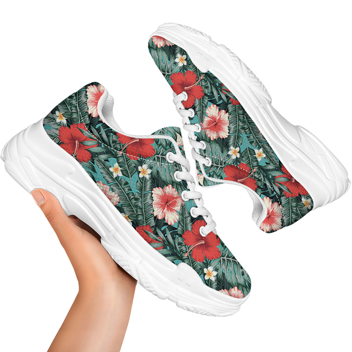 Tropical Leaf Turquoise Print Pattern White Chunky Shoes-grizzshop