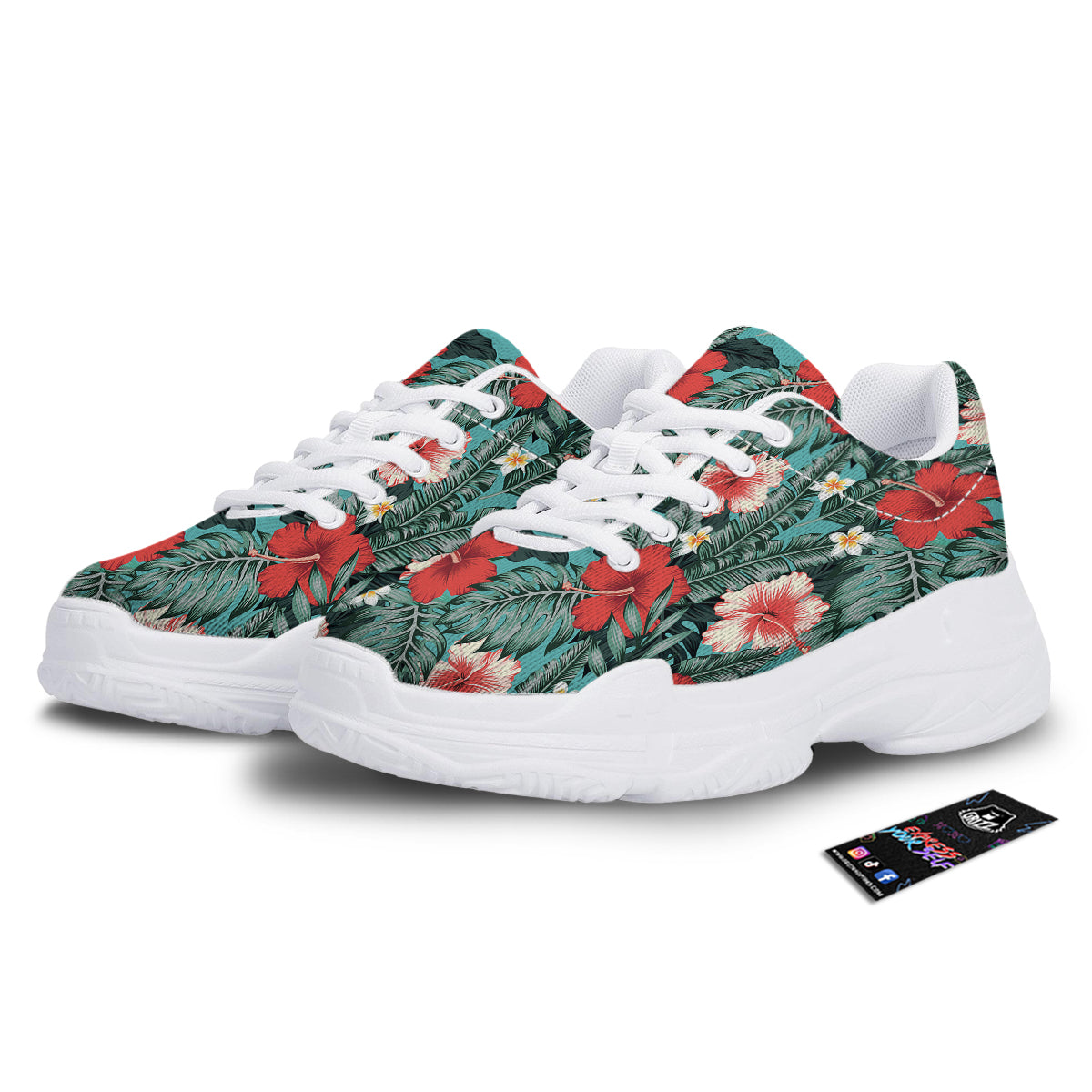 Tropical Leaf Turquoise Print Pattern White Chunky Shoes-grizzshop