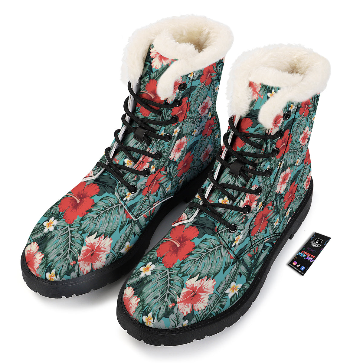 Tropical Leaf Turquoise Print Pattern Winter Boots-grizzshop