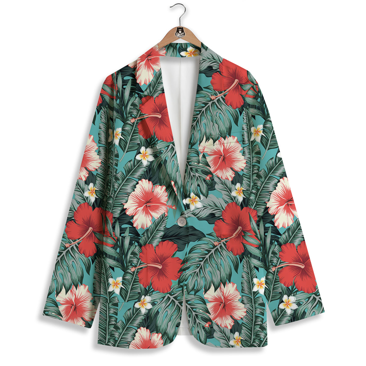 Tropical Leaf Turquoise Print Pattern Women's Blazer-grizzshop