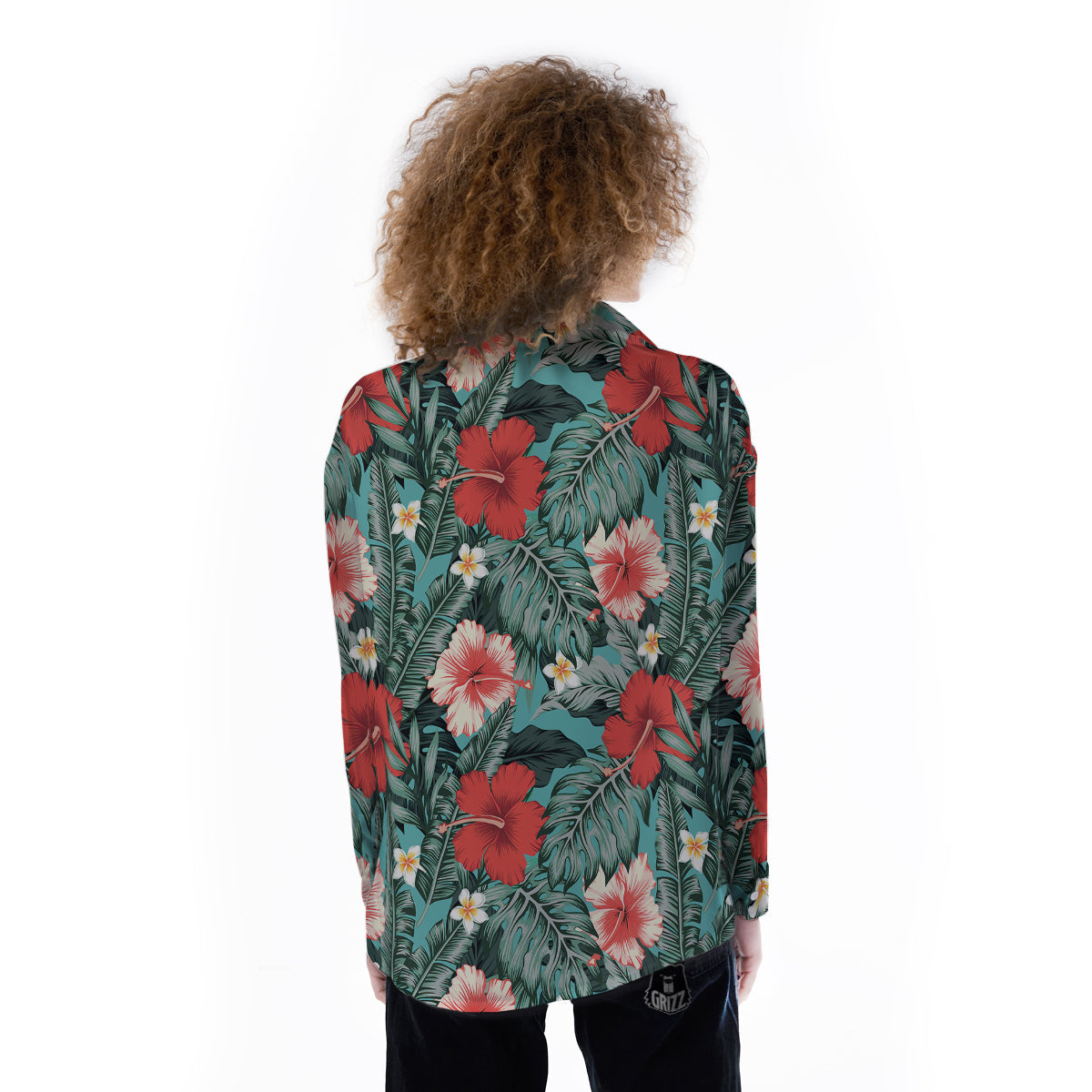 Tropical Leaf Turquoise Print Pattern Women's Long Sleeve Shirts-grizzshop