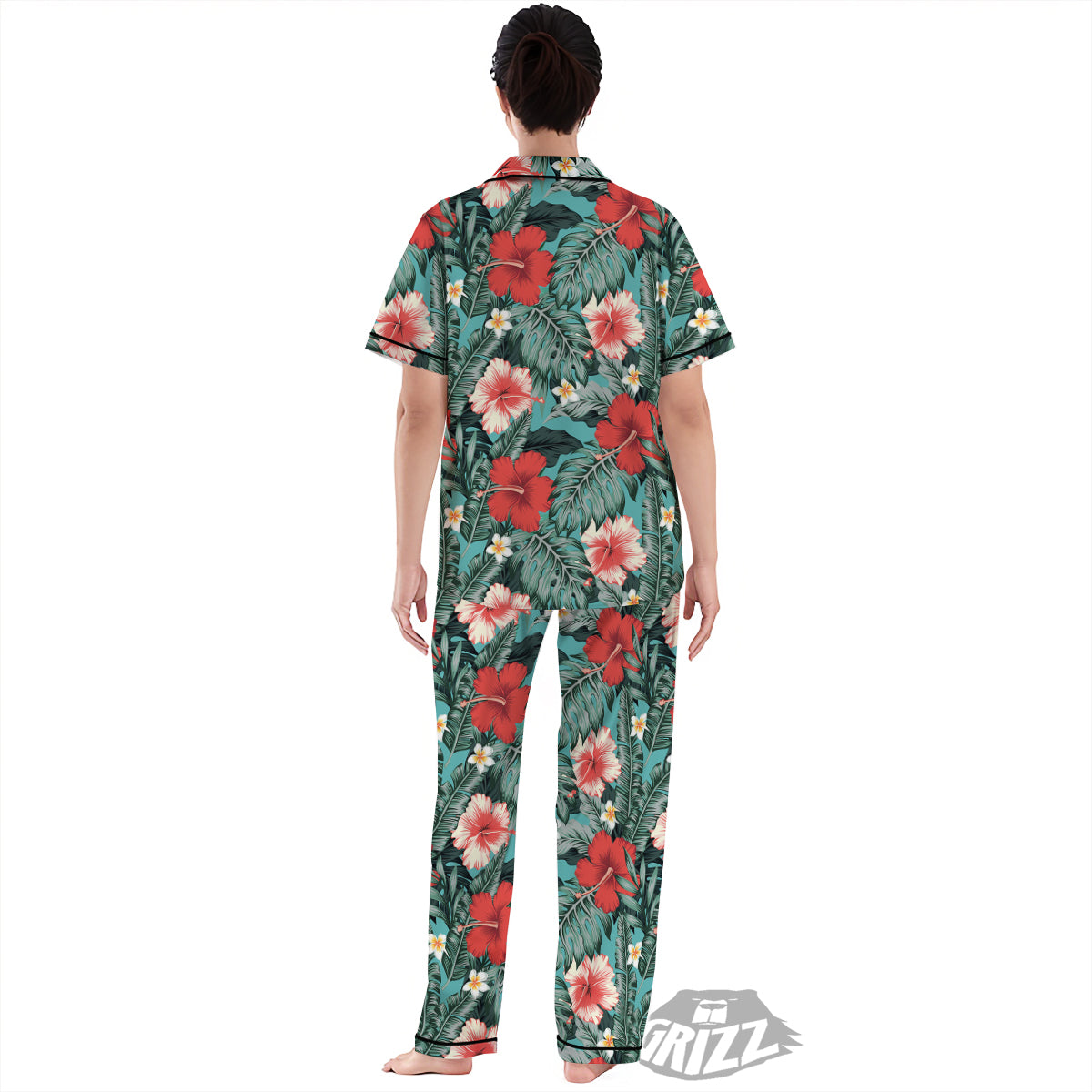 Tropical Leaf Turquoise Print Pattern Women's Pajamas Set-grizzshop