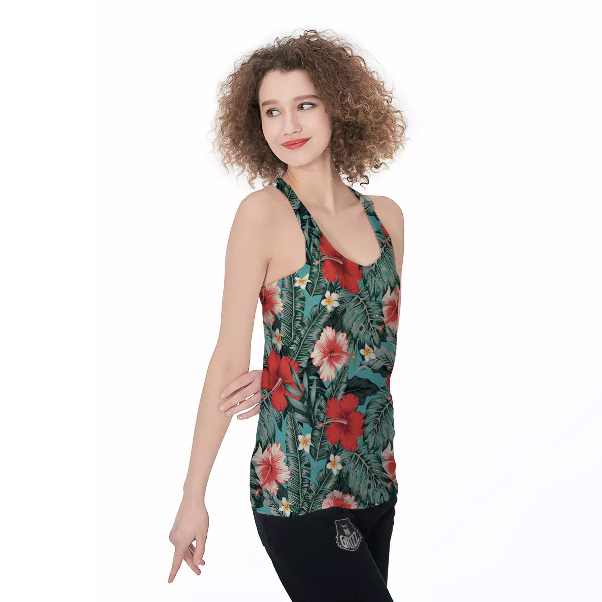 Tropical Leaf Turquoise Print Pattern Women's Racerback Tank Top-grizzshop