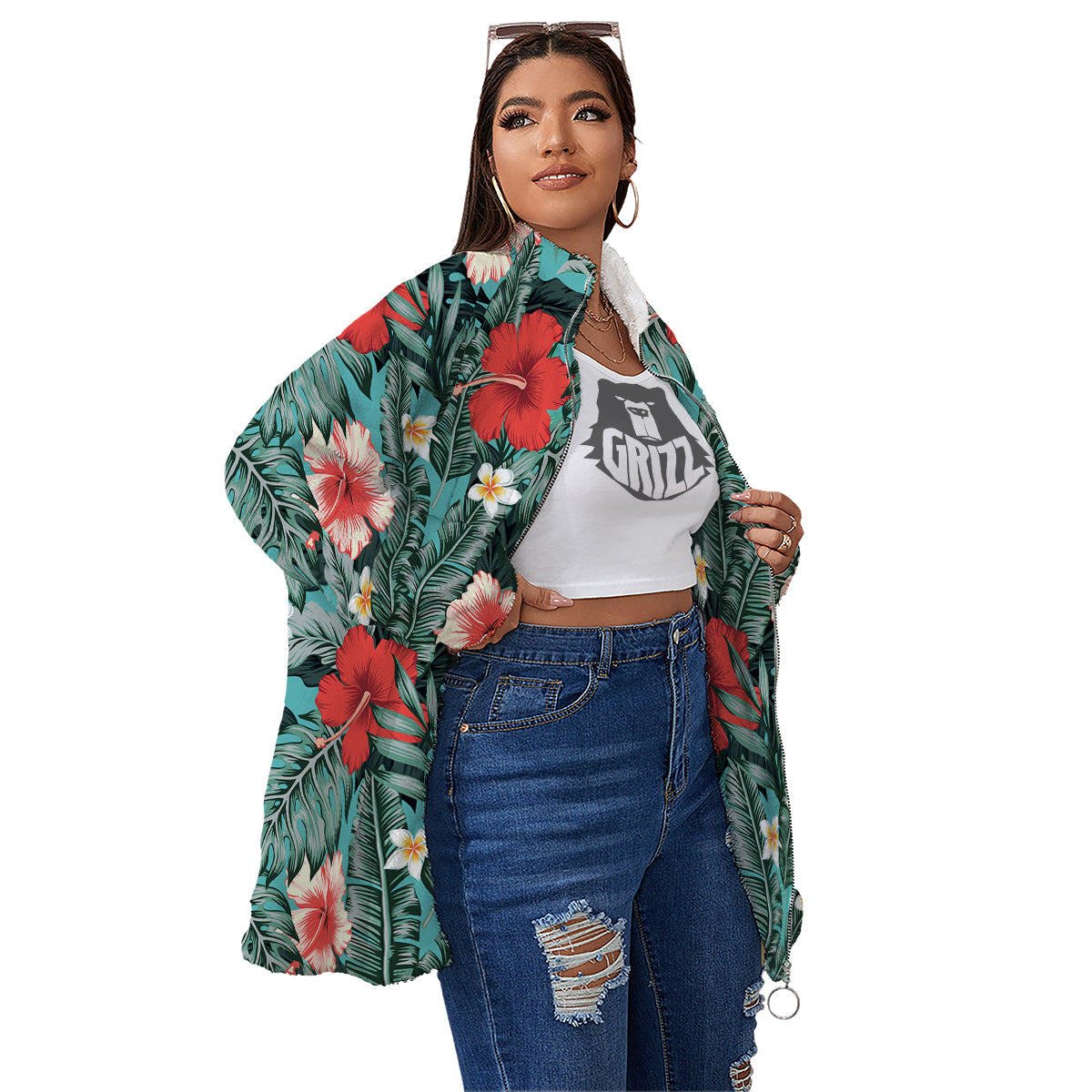 Tropical Leaf Turquoise Print Pattern Women's Sherpa Jacket-grizzshop