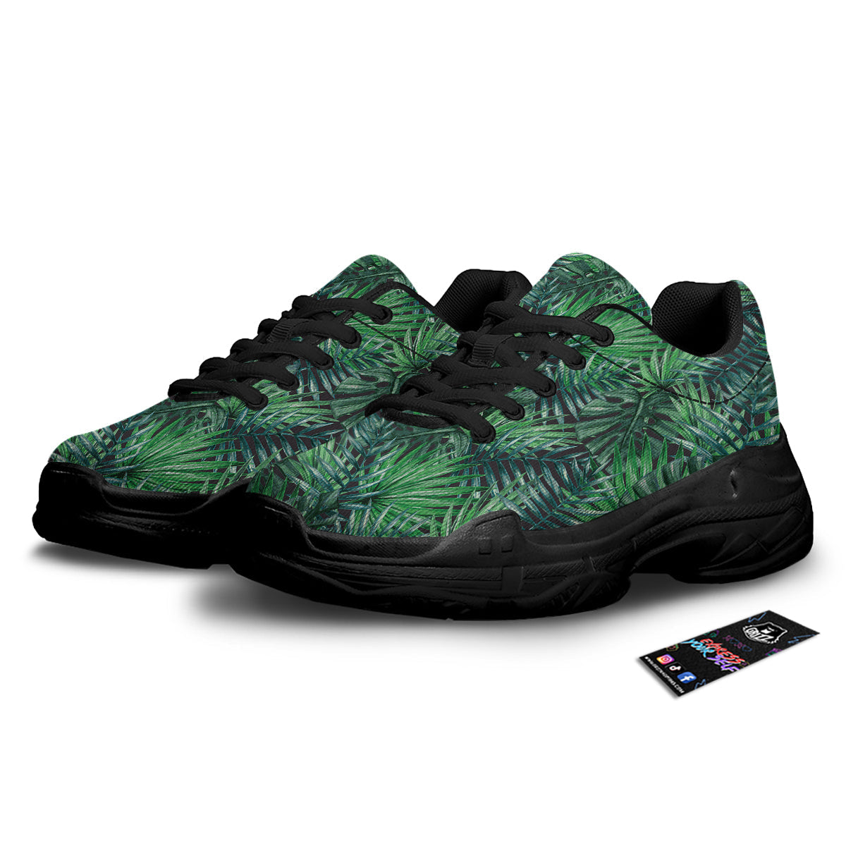 Tropical Leaf Watercolor Print Pattern Black Chunky Shoes-grizzshop