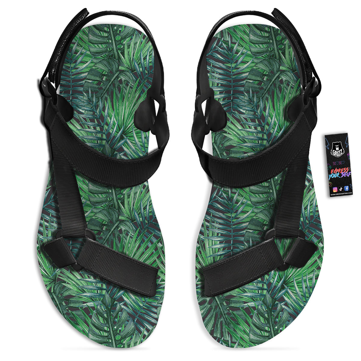 Tropical Leaf Watercolor Print Pattern Black Open Toe Sandals-grizzshop