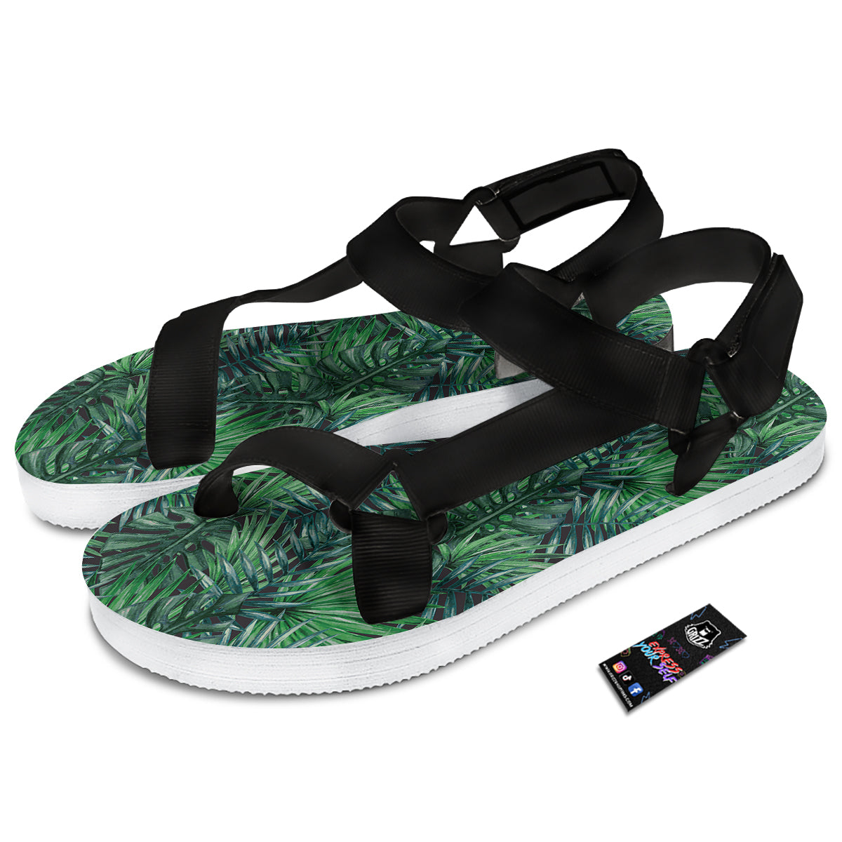 Tropical Leaf Watercolor Print Pattern Black Open Toe Sandals-grizzshop