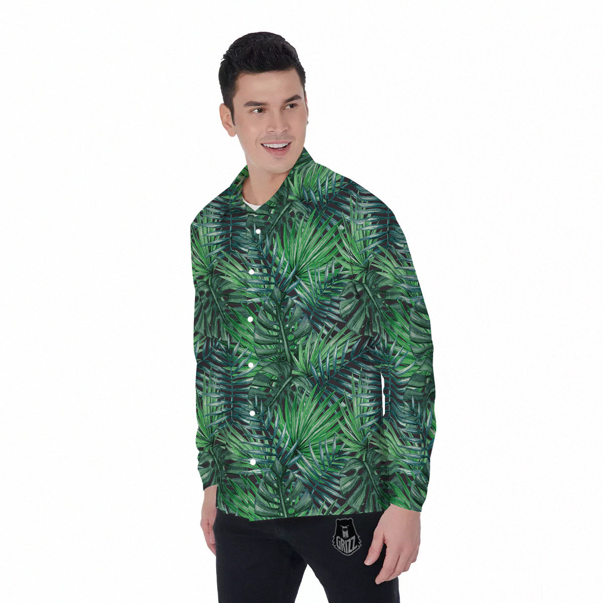 Tropical Leaf Watercolor Print Pattern Men's Long Sleeve Shirts-grizzshop