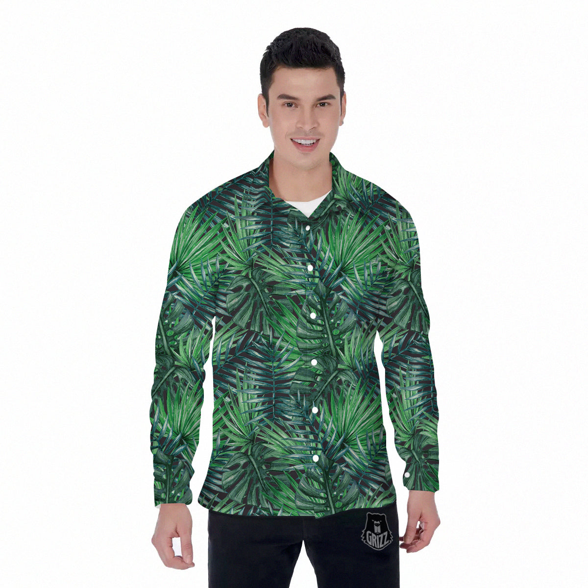 Tropical Leaf Watercolor Print Pattern Men's Long Sleeve Shirts-grizzshop