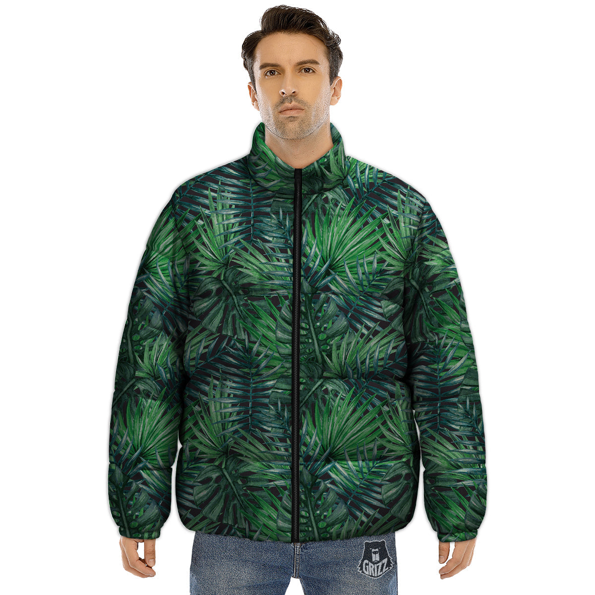 Tropical Leaf Watercolor Print Pattern Puffer Jacket-grizzshop