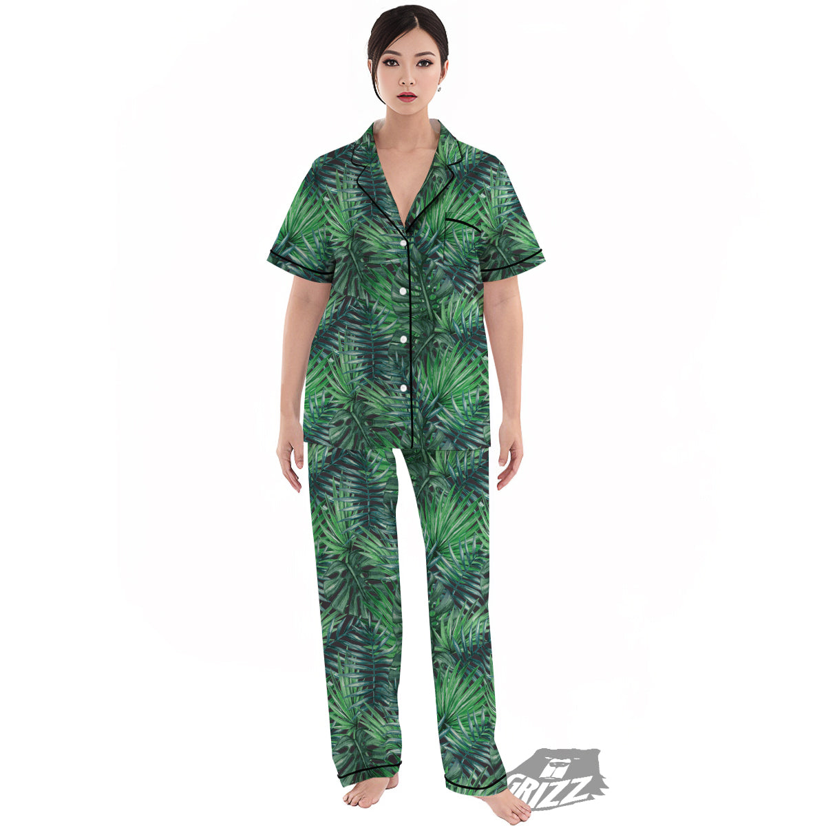 Tropical Leaf Watercolor Print Pattern Women's Pajamas Set-grizzshop