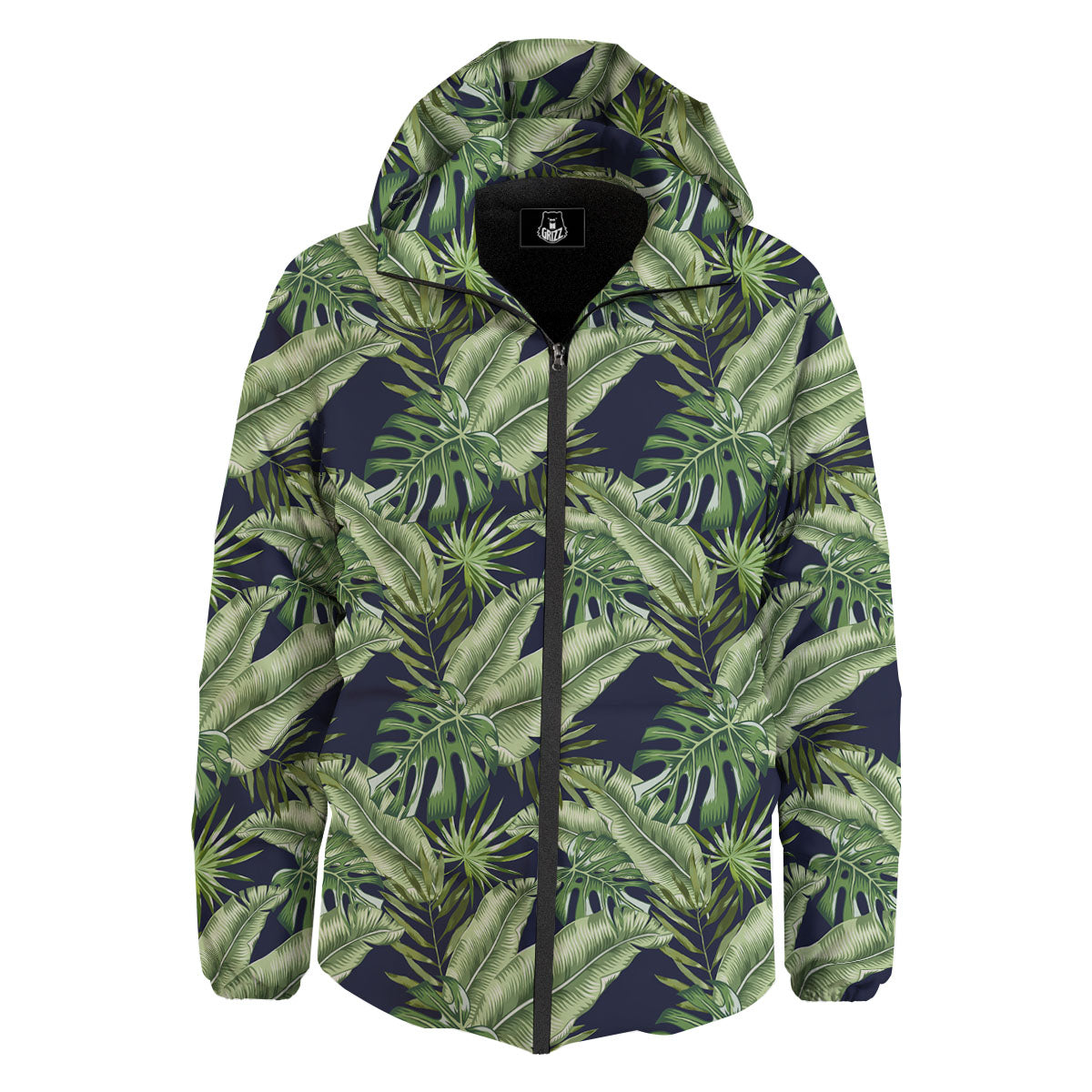 Tropical Leaves Blue Print Down Jacket-grizzshop