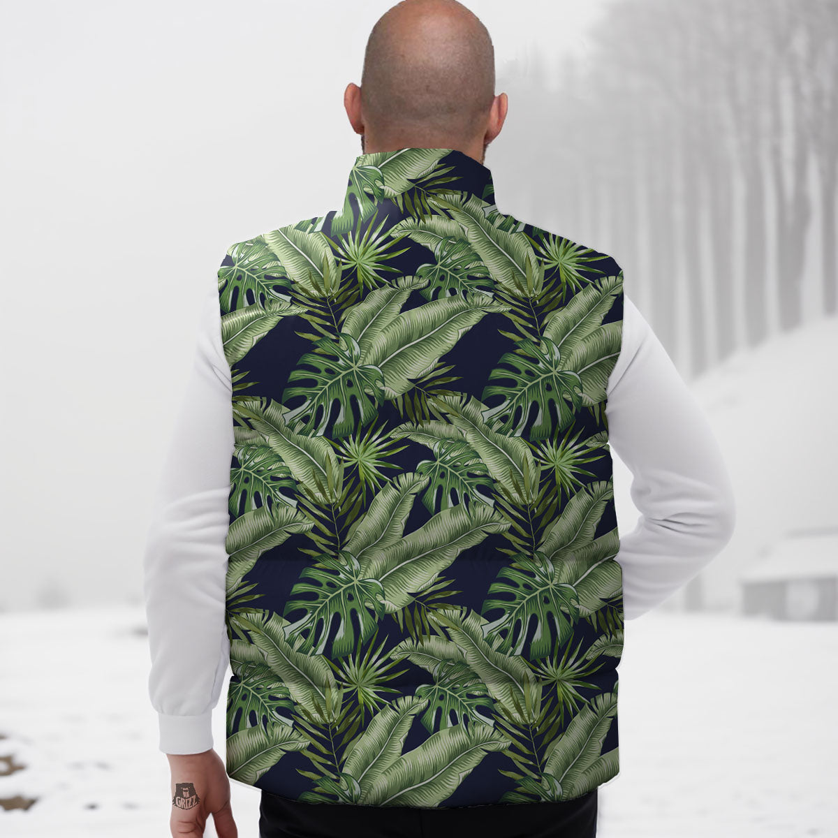 Tropical Leaves Blue Print Down Vest-grizzshop