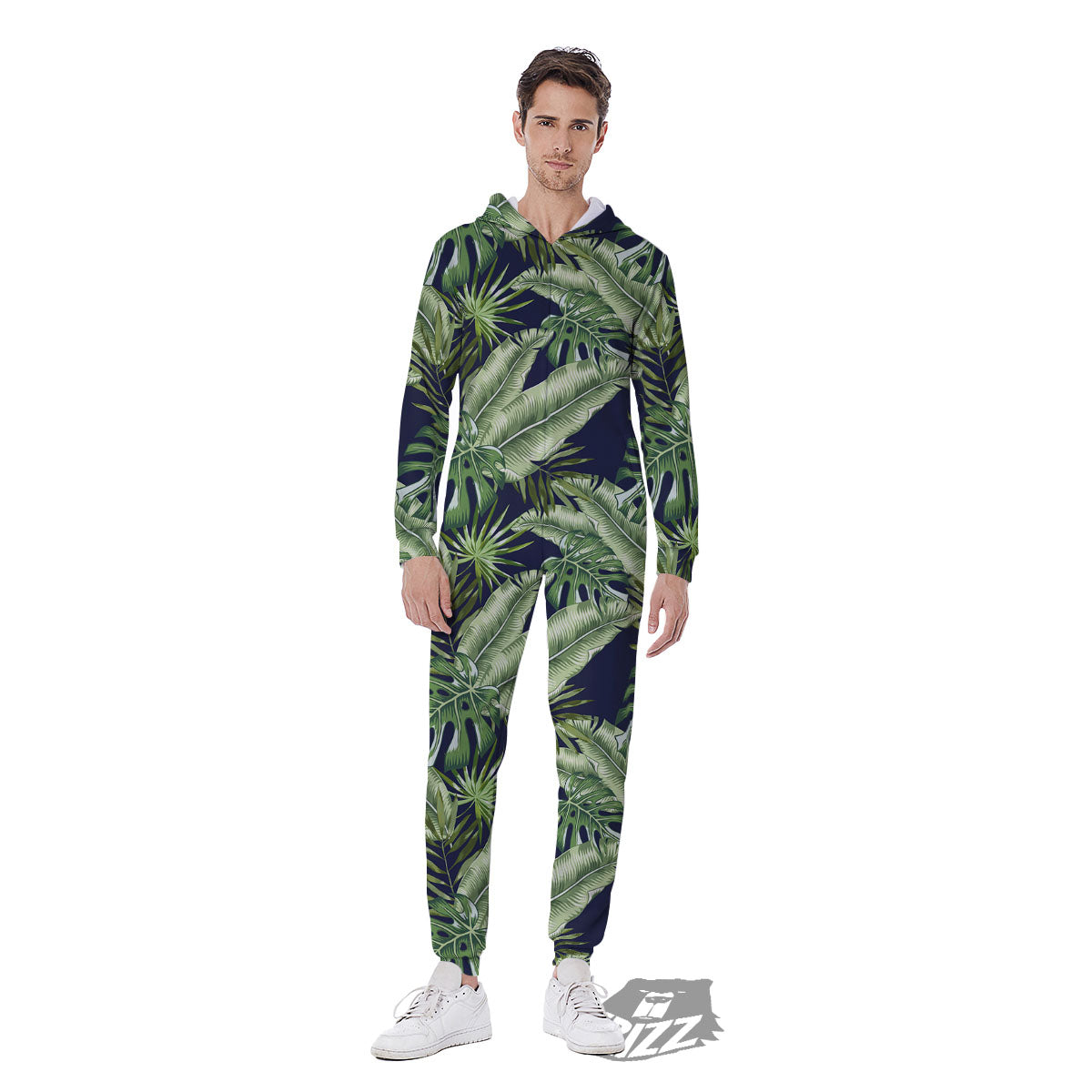 Tropical Leaves Blue Print Men's Jumpsuit-grizzshop
