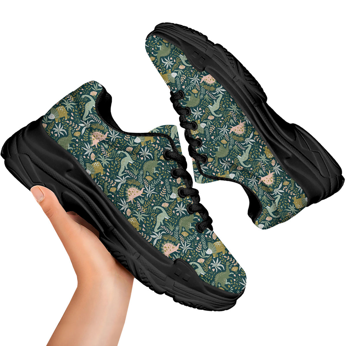 Tropical Leaves Cute Dino Print Pattern Black Chunky Shoes-grizzshop