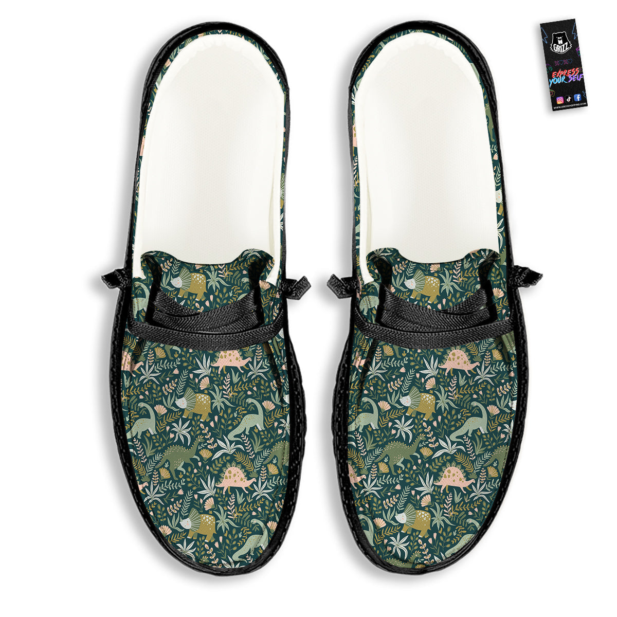 Tropical Leaves Cute Dino Print Pattern Black Loafers-grizzshop