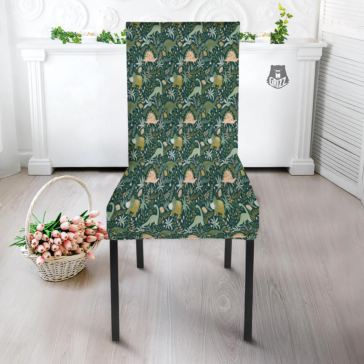 Tropical Leaves Cute Dino Print Pattern Dining Chair Slipcover-grizzshop