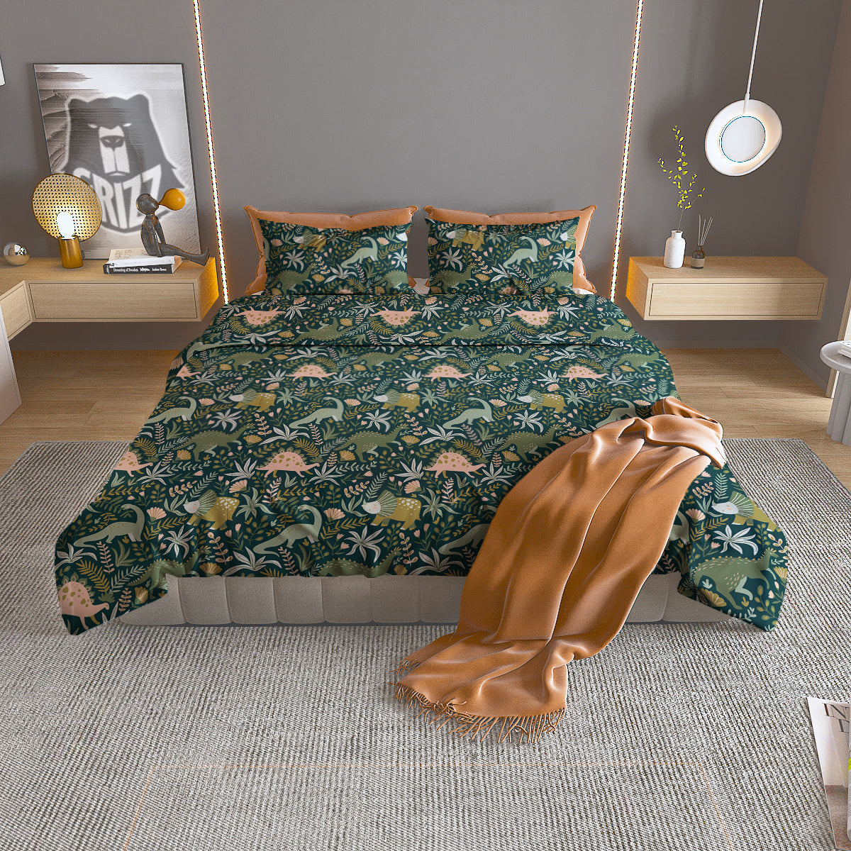 Tropical Leaves Cute Dino Print Pattern Duvet Cover Bedding Set-grizzshop