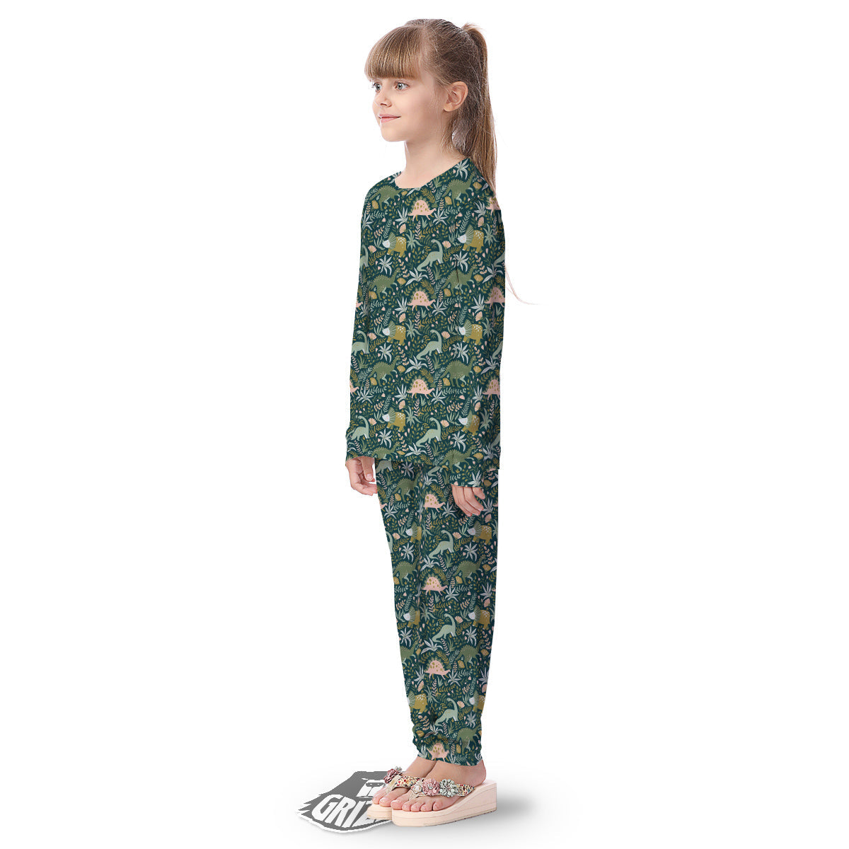 Tropical Leaves Cute Dino Print Pattern Kid's Pajamas-grizzshop