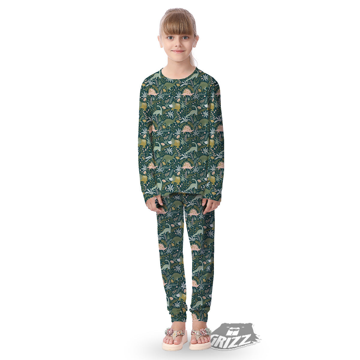 Tropical Leaves Cute Dino Print Pattern Kid's Pajamas-grizzshop