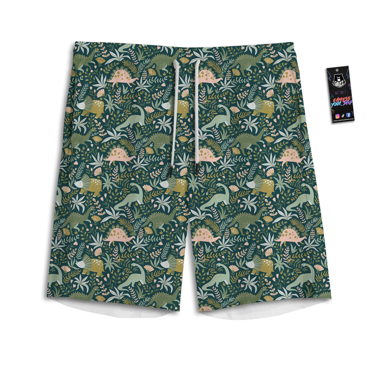 Tropical Leaves Cute Dino Print Pattern Men's Athletic Shorts-grizzshop