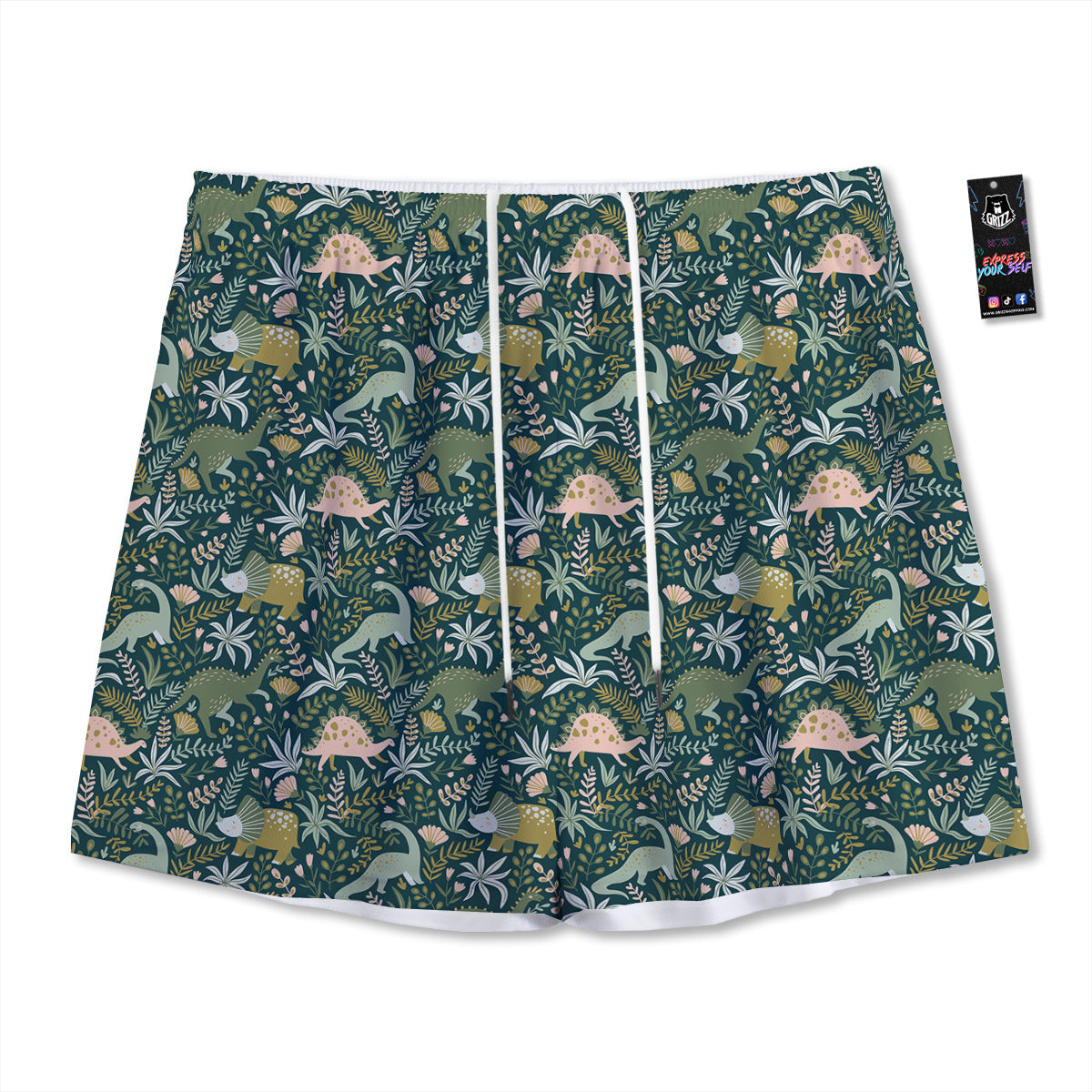 Tropical Leaves Cute Dino Print Pattern Mesh Shorts-grizzshop