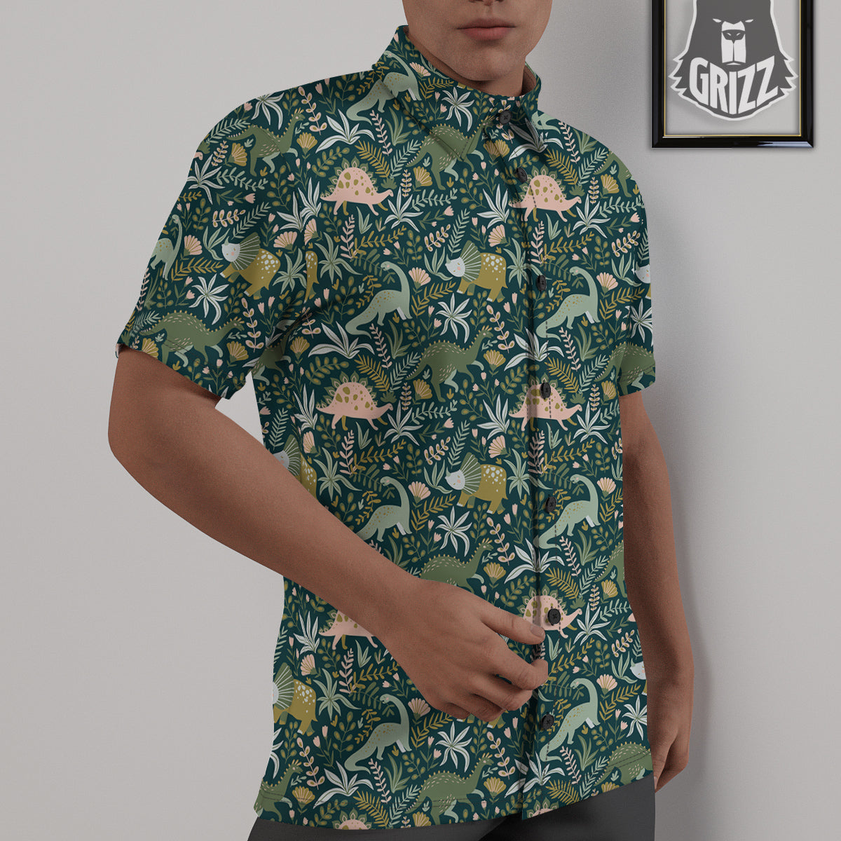 Tropical Leaves Cute Dino Print Pattern Untucked Shirts-grizzshop